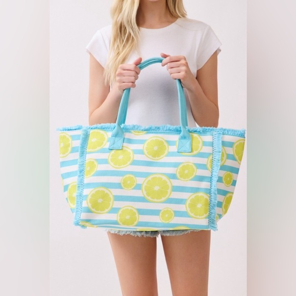 Handbags - Sliced Lemon Striped Tote Bag|Blue+Yellow